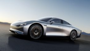 The new Mercedes-Benz EQXX EV concept car in silver