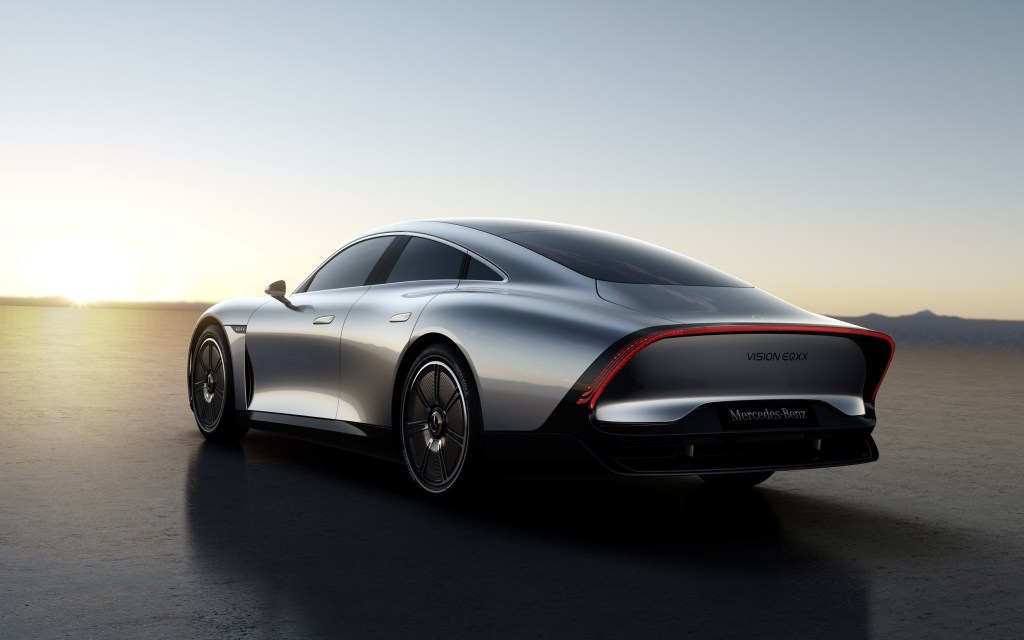 The rear 3/4 view of the silver Mercedes Vision EQXX Concept