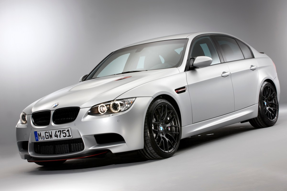 A 3/4 front view of the BMW E90 M3 CRT in silver.