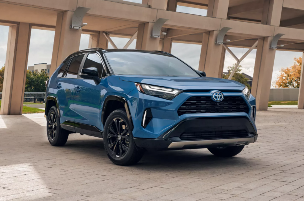 Passenger's side front angle view of Cavalry Blue 2022 Toyota RAV4