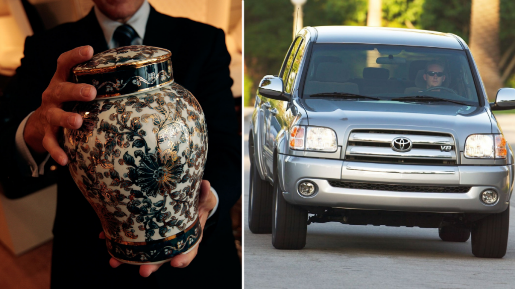 Person holding a funeral urn of ashes and another image of a silver 2004 Toyota Tundra
