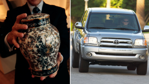 Person holding a funeral urn of ashes and another image of a silver 2004 Toyota Tundra