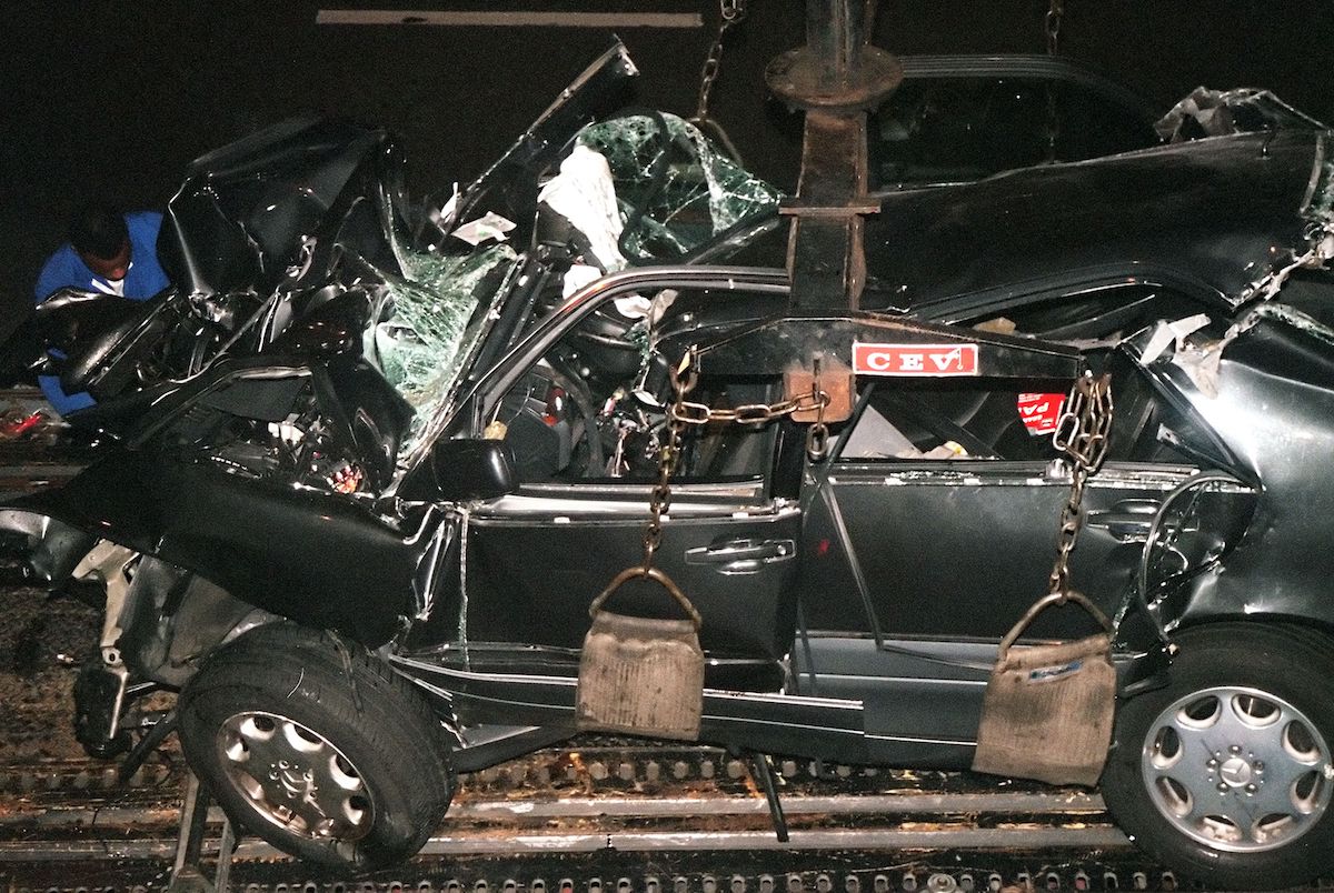 Wreckage of the Mercedes-Benz S-Class in which Princess Diana died in 1997