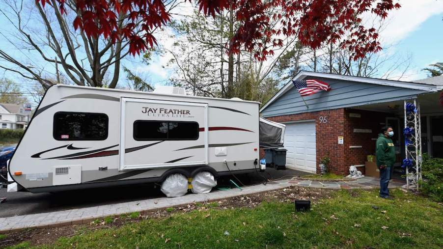 An RV parked in the driveway of a home in Nutley, New Jersey