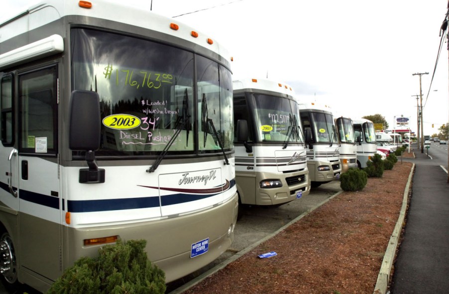 RVs for sale at Motor Home Center in Auburn, Maine, in 2002