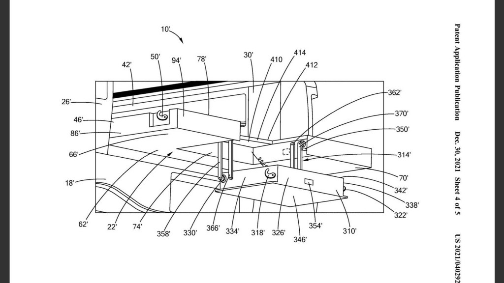 rivian tailgate tech patent image to compete with Ram, Ford, and GM offerings.