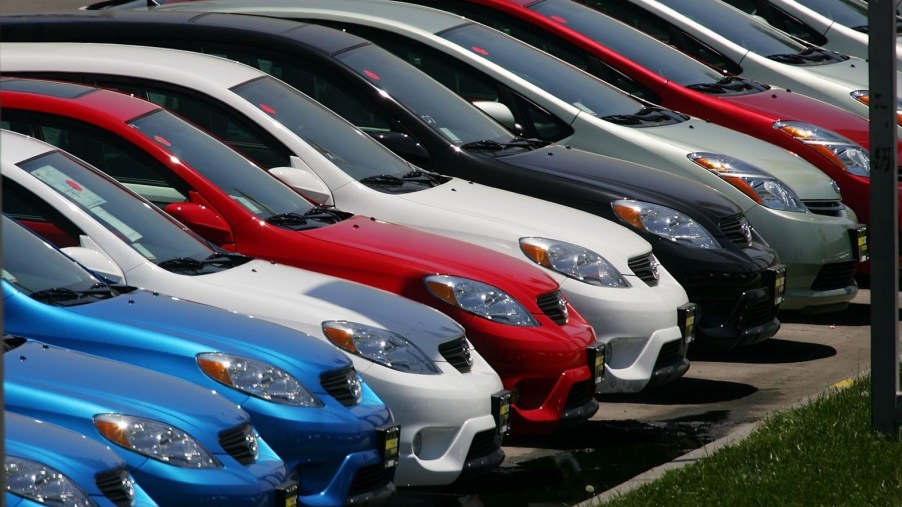 Row of Toyota cars at a dealership, highlighting a story about the most popular car colors