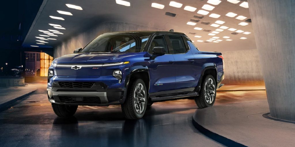 A blue 2022 Chevy Silverado EV is an electric pickup truck coming soon.