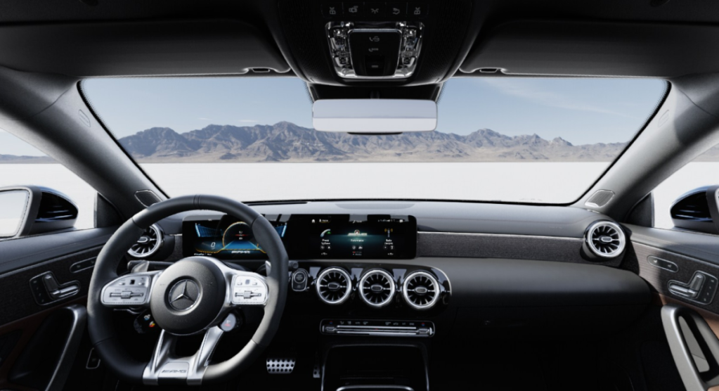 Steering wheel and dashboard in a fully loaded new 2022 Mercedes-Benz AMG CLA 45 Coupe