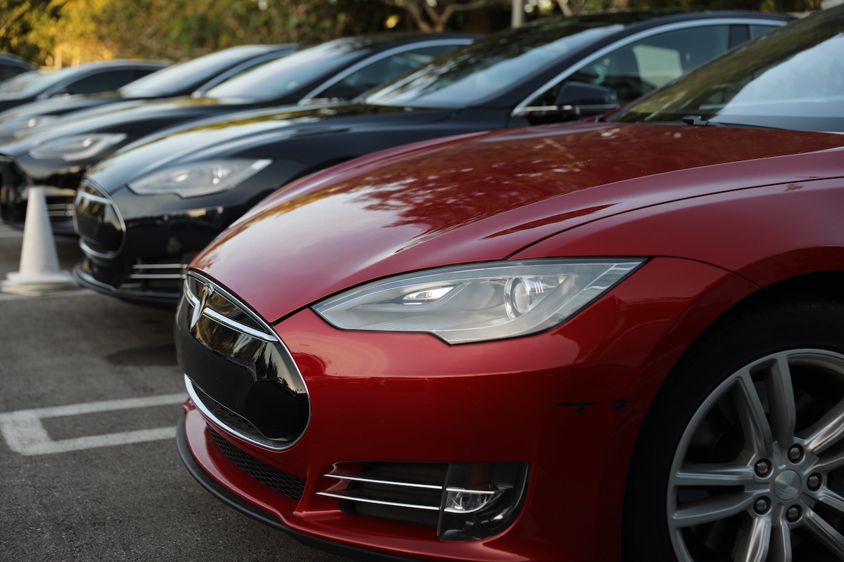 Tesla EVs parked at a dealership in Miami, Florida, in January 2019