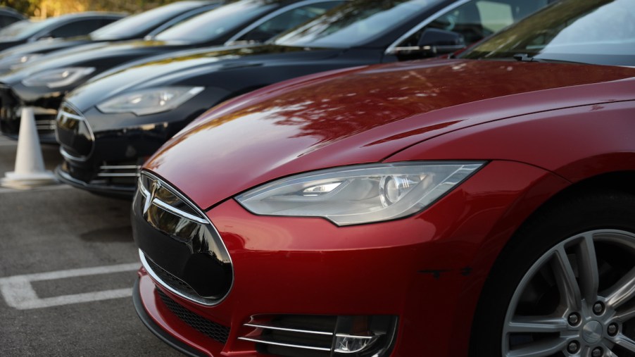 Tesla EVs parked at a dealership in Miami, Florida, in January 2019