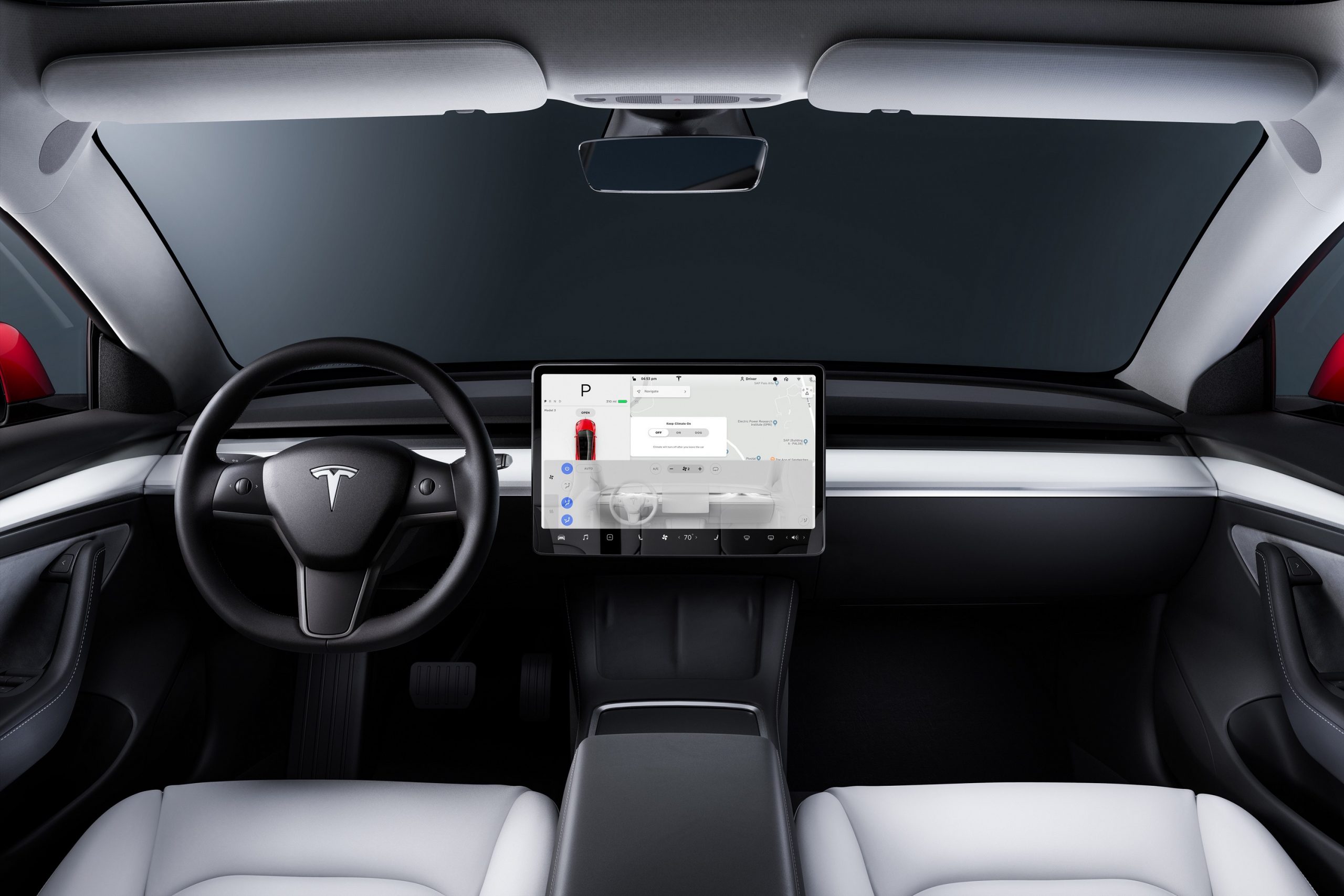 The Tesla Model 3 is home to one of the worst car trends: climate controls buried in touchscreens, shown in this shot of a Model 3 interior