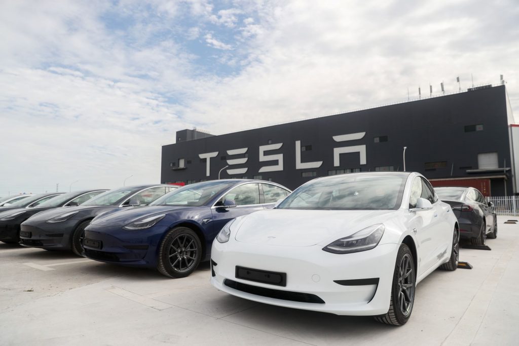 Tesla Model 3 vehicles at Tesla's gigafactory 