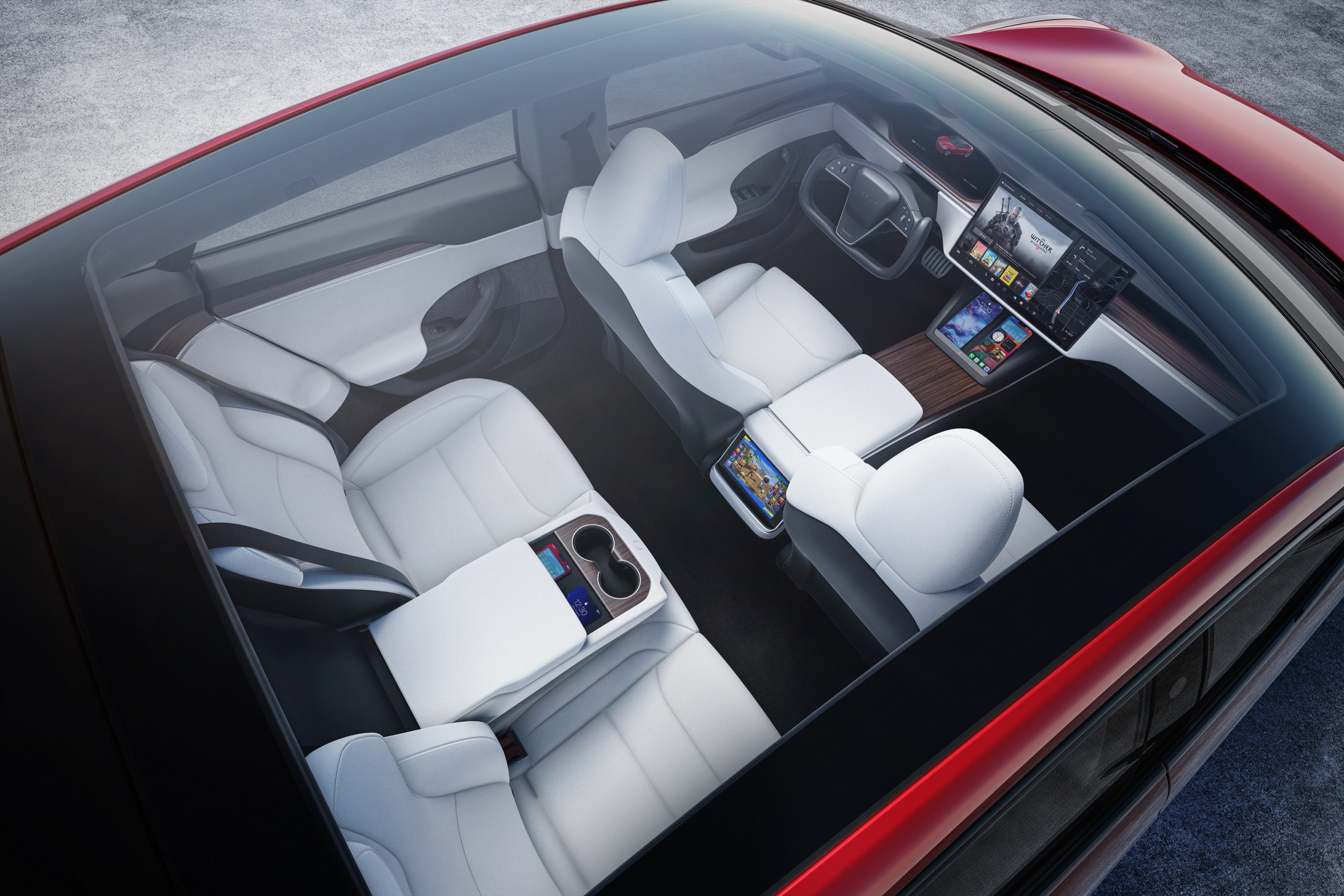 A shot of the Tesla Model S Plaid's interior shot through the car's moonroof