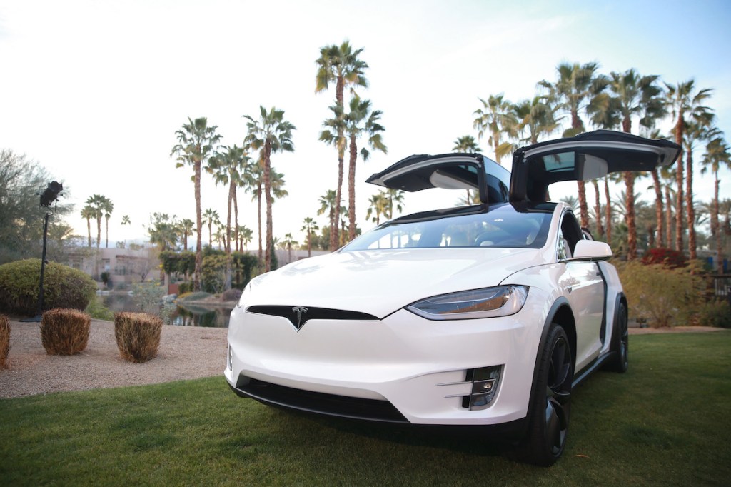 A white Tesla Model X SUV at the Citi Taste of Tennis at Hyatt Regency Indian Wells Resort & Spa in March 2018. This also happens to be the electric SUV with the longest range. 