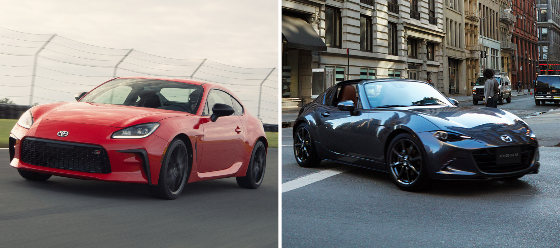 The Toyota GR86 sports car in red and the Mazda MX-5 Miata roadster in gray