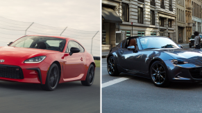 The Toyota GR86 sports car in red and the Mazda MX-5 Miata roadster in gray