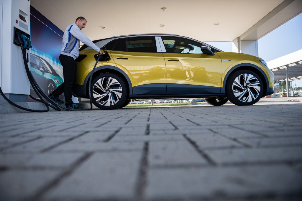 A yellow Volksagen Id.4 Pro electric crossover SUV, one of the cheapest 2021 options.