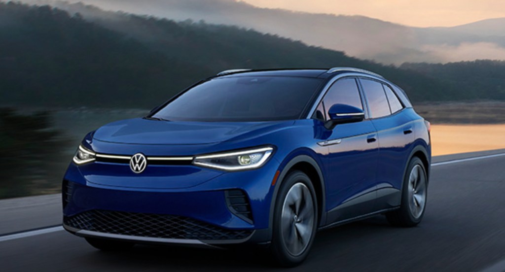 A blue Volkswagen ID.4, one of the 2022 electric SUVs with the most cargo space.