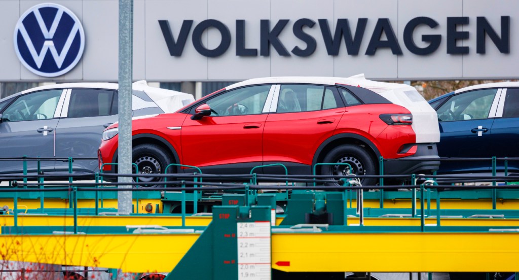 Various electric cars of the volkswagen group at the company's Zwickau plant on January 27, 2022 in Zwickau, Germany.