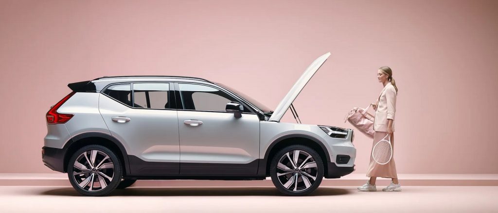 A silver 2022 Volvo XC40 Recharge, one of the 2022 electric SUVs with the most cargo space.