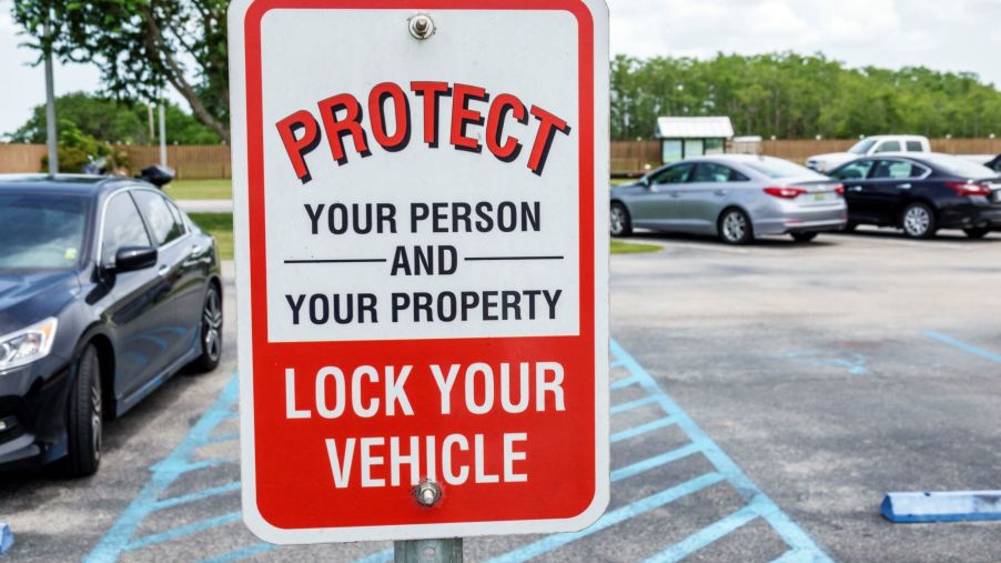 An auto theft safety sign in the Everglades, Florida