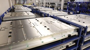 Car batteries destined for Volkswagen ID.3 EVs stacked at a production facility in June 2021 in Dresden, Germany