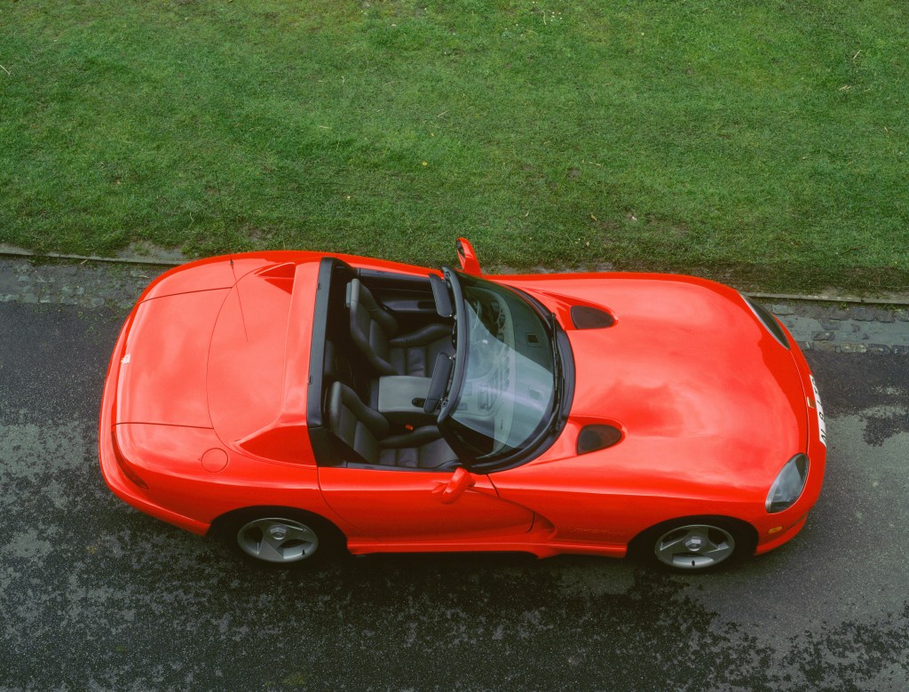 A top-view shot of a red Dodge Viper, much like the one that is for sale on Facebook. 