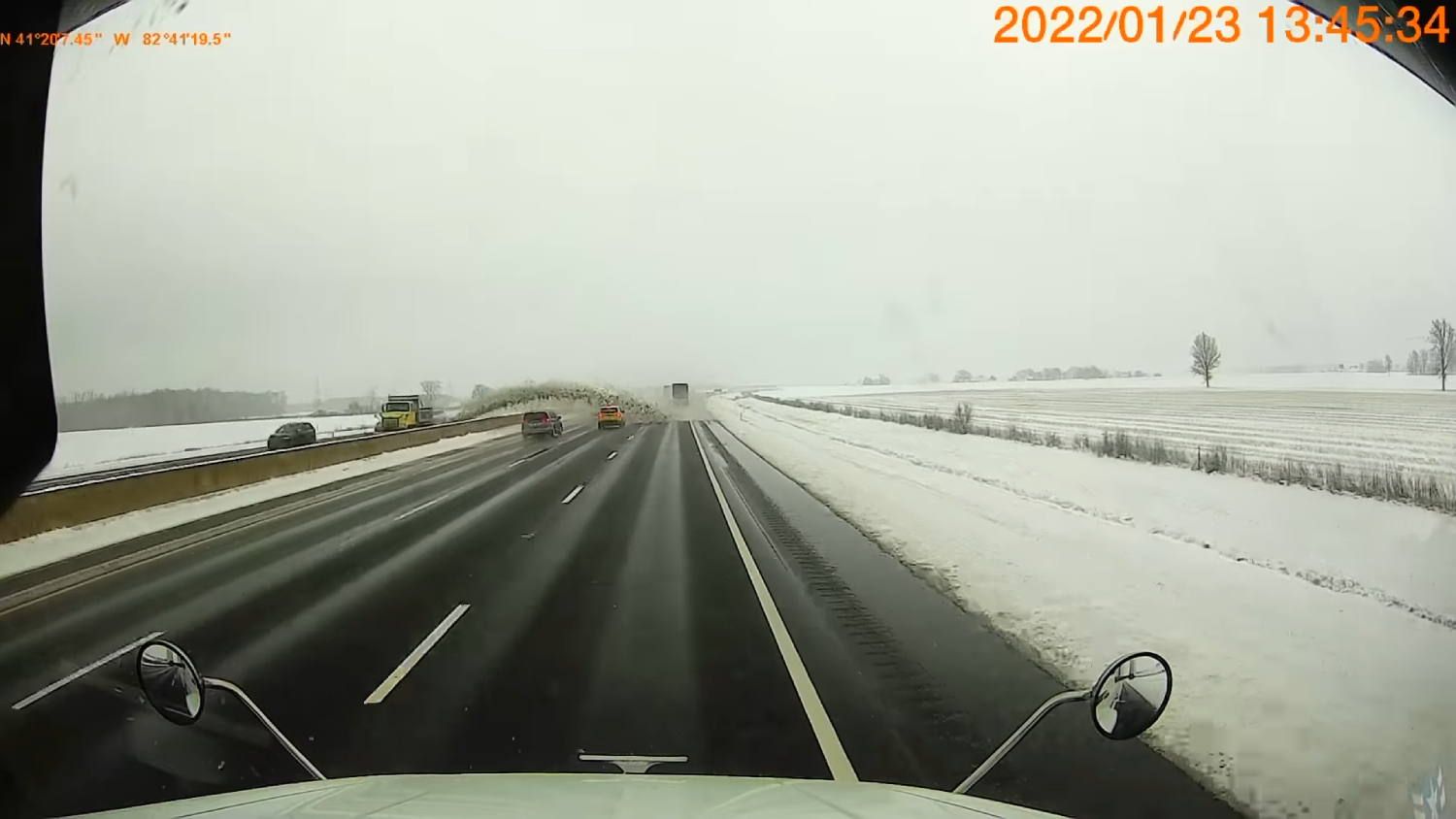 A rogue snowplow dumps snow onto a highway