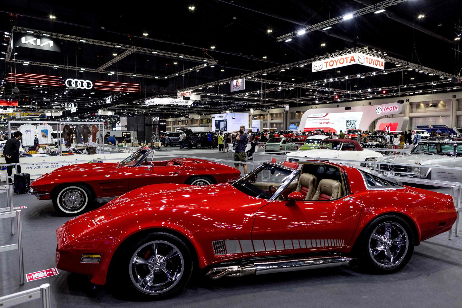 A display of vintage Chevy Corvette models at the 2021 Thailand International Motor Expo in Bangkok