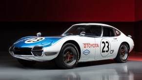 The white-and-blue 1967 Toyota 2000GT Shelby race car 'MF10-10001'