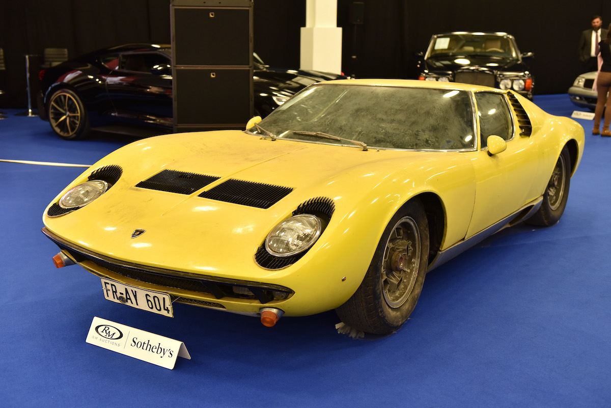 A 1969 Lamborghini Miura P400 S on display during an RM Sotheby's event in London on October 23, 2019