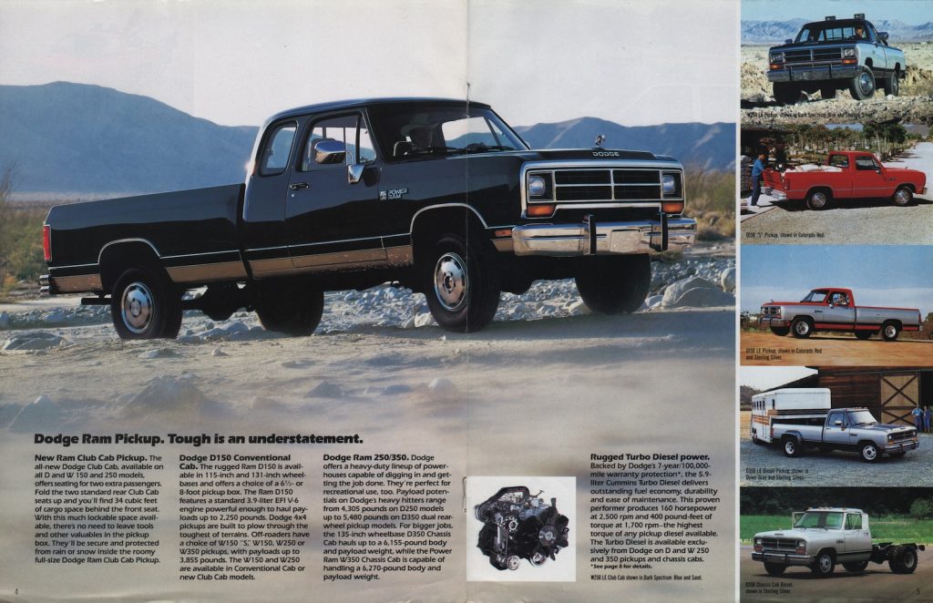 Scanned brochure page for 1990 Dodge Ram Trucks showing a row of older pickups.