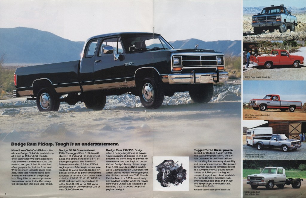 Scanned brochure page for 1990 Dodge Ram trucks showing a row of older pickups.