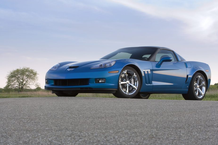 A blue Chevrolet Corvette shot from the front 3/4