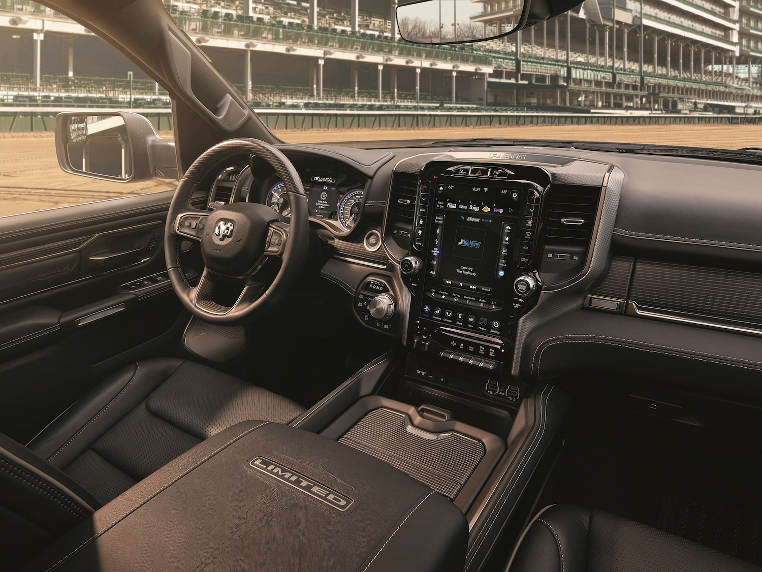 The leather interior of a special edition 2019 Ram 1500 truck, complete with 12-inch infotainment touchscreen.