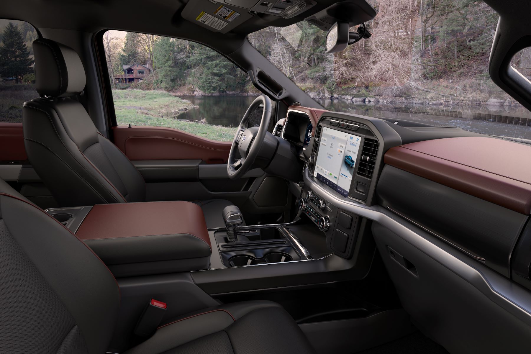 Interior of the 2021 Ford F-150 full-size pickup truck showing infotainment screen and technology features