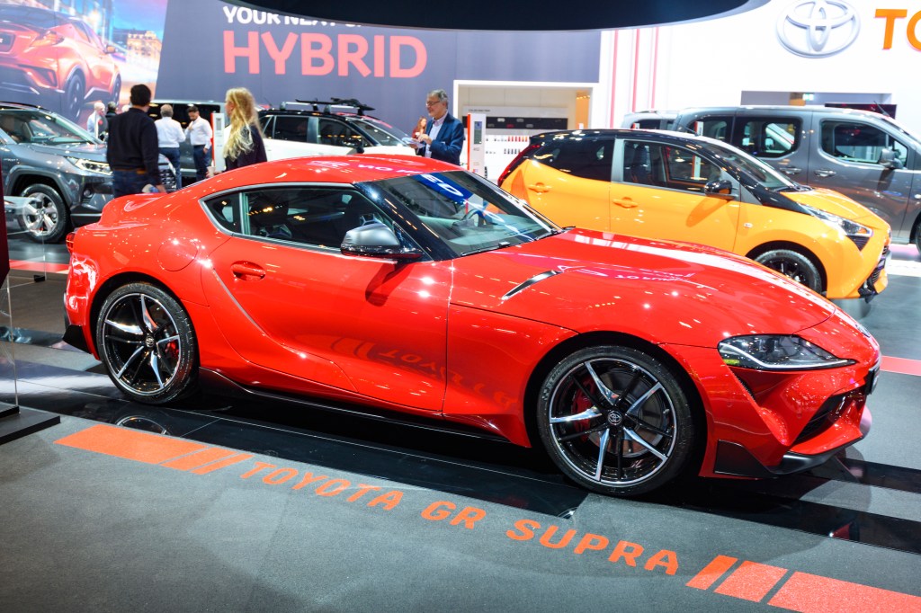 Toyota GR Supra sports car on display at Brussels Expo.