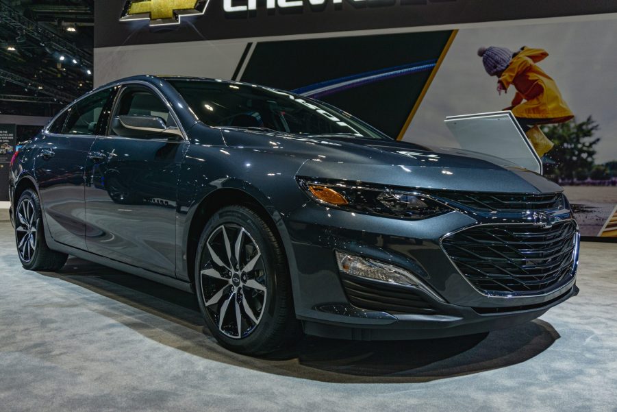 A dark-blue 2022 Chevrolet Malibu RS at the 2022 Chicago Auto Show