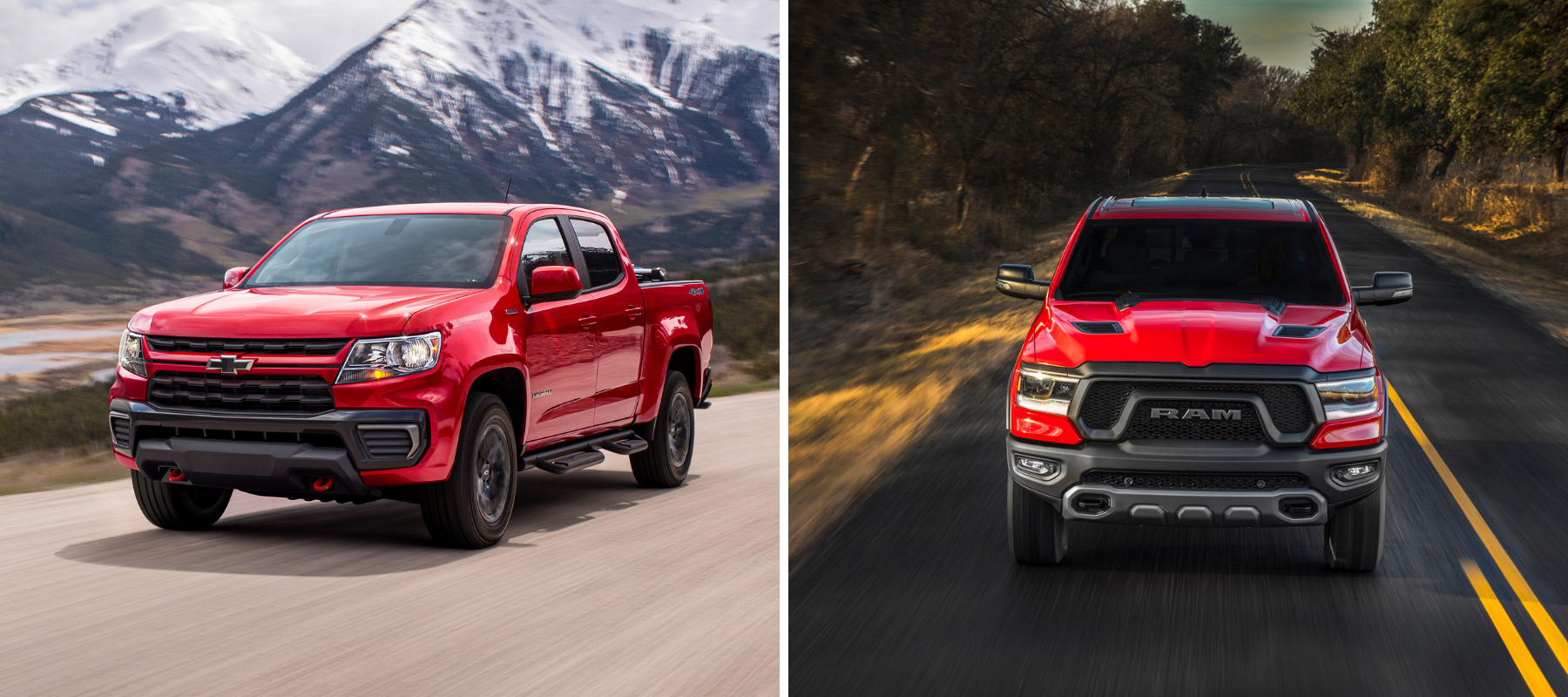 2022 Chevy Silverado 1500 Trail Boss and 2022 Ram 1500 Rebel full-size off-road pickup truck models in red paint colors
