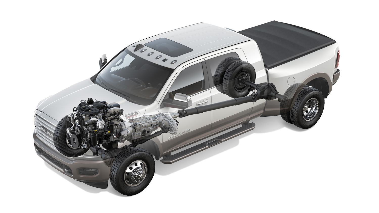 Cutaway render of a Dodge Ram 3500 pickup truck showing its Cummins turbodiesel powertrain.