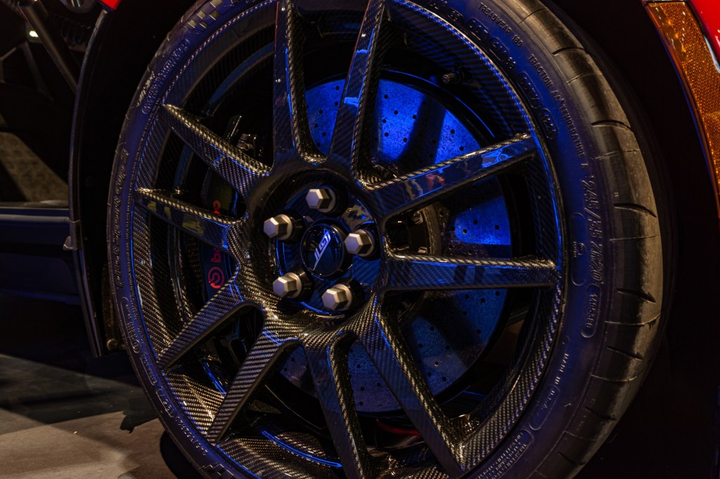 The 2022 Ford GT Alan Mann Heritage Edition's carbon-fiber wheel and Brembo disc brake