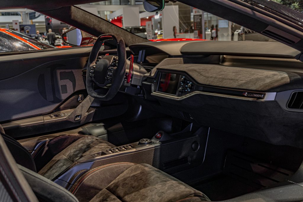The 2022 Ford GT Alan Mann Heritage Edition's leather-and-Alcantara interior