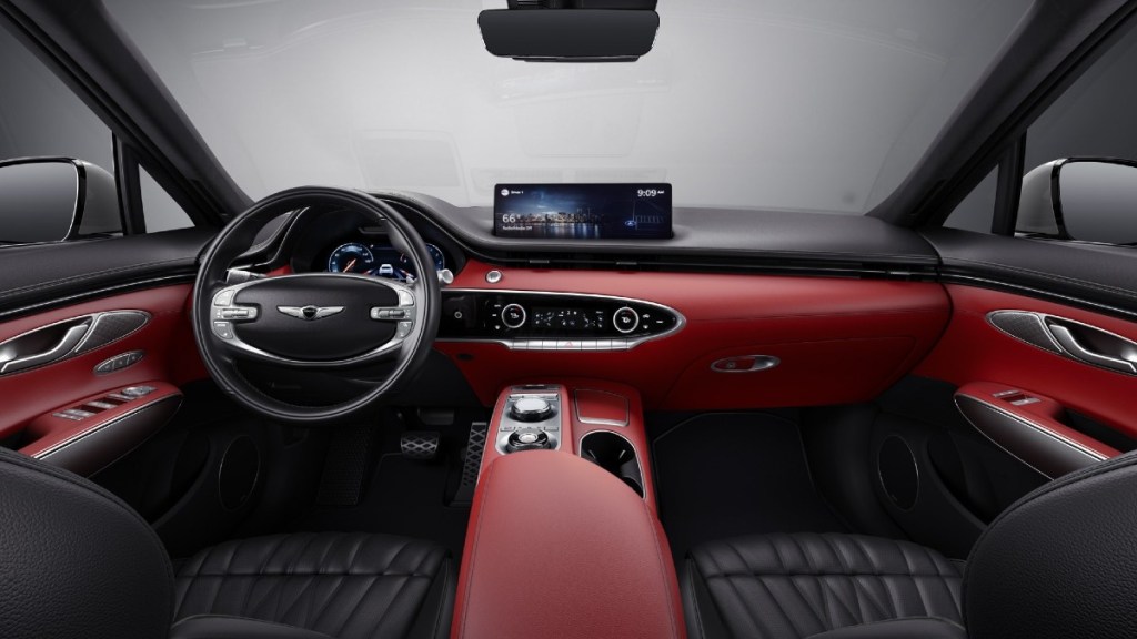 Red and black interior cabin area of 2022 Genesis GV70