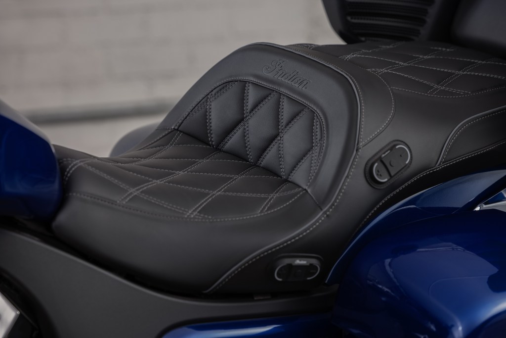A blue 2022 Indian Pursuit Limited with Premium Package's quilted leather heated seat