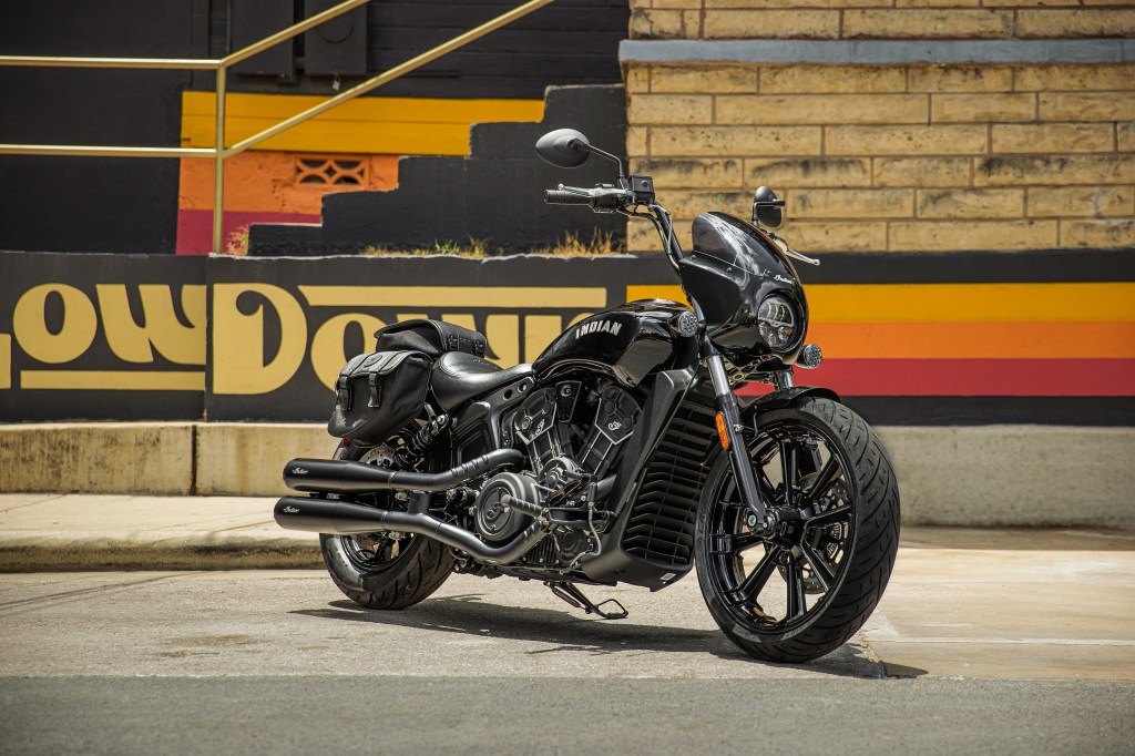 A black accessorized 2022 Indian Scout Sixty Rogue in a parking lot