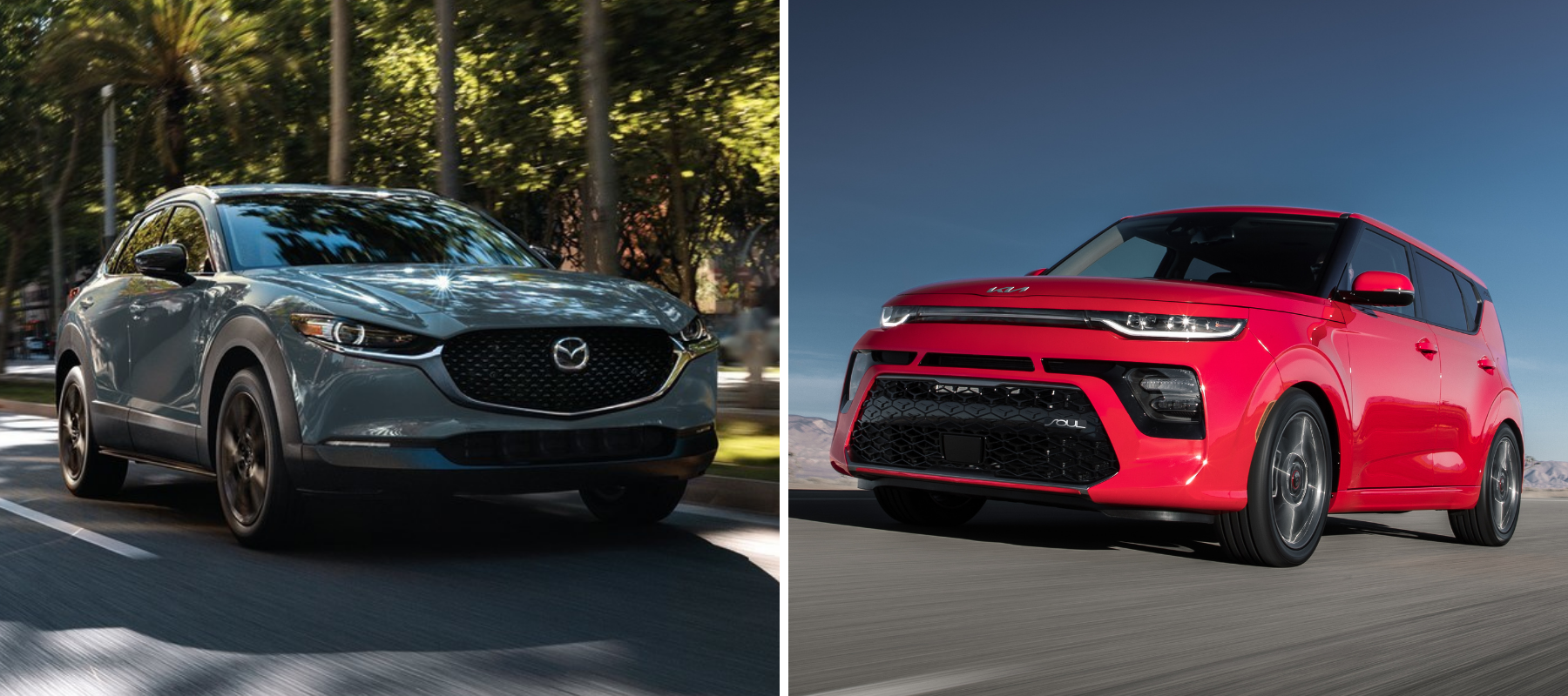 A light blue 2022 Mazda CX-30 driving past trees in a suburb and a red 2022 Kia Soul driving down a highway