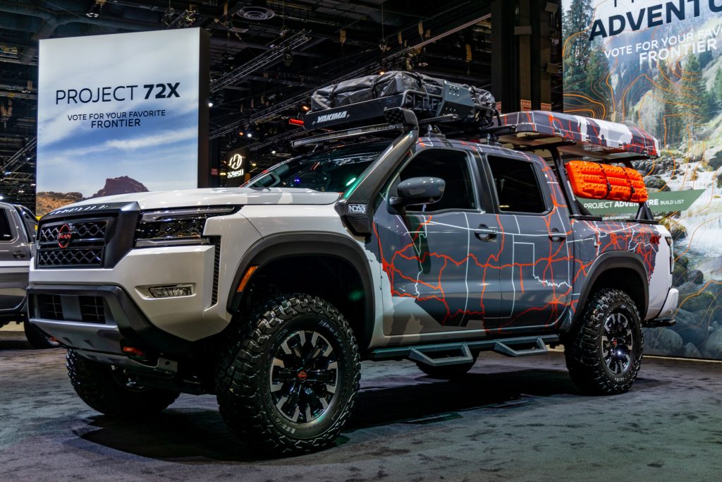 The front 3/4 view of the 2022 Nissan Frontier Project Adventure at the Chicago Auto Show