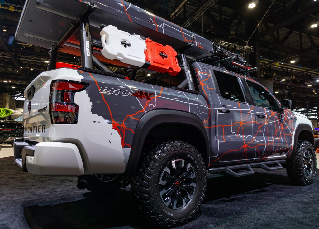 The rear 3/4 view of the 2022 Nissan Frontier Project Adventure at the Chicago Auto Show