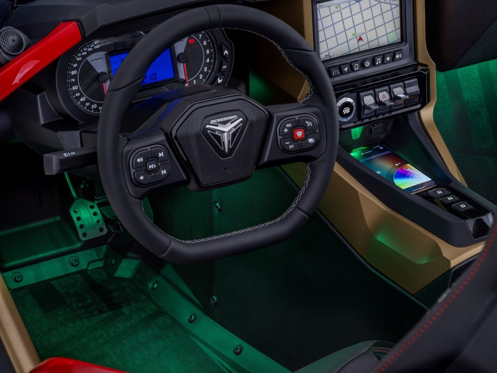 The driver's side of a 2022 Polaris Slingshot Signature LE's cabin